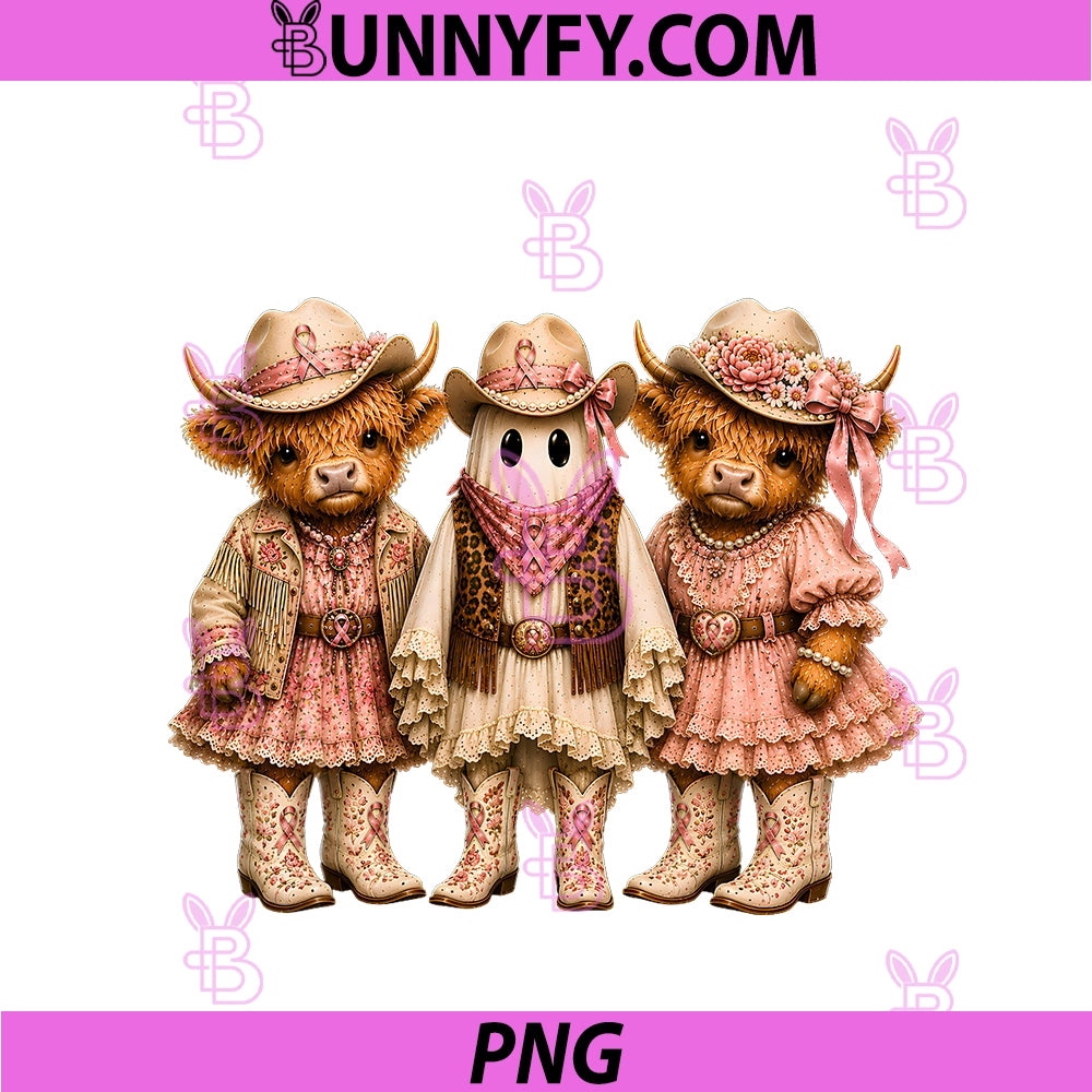 Pink Cowgirl Ghost Highland Cow PNG, Breast Cancer Awareness PNG