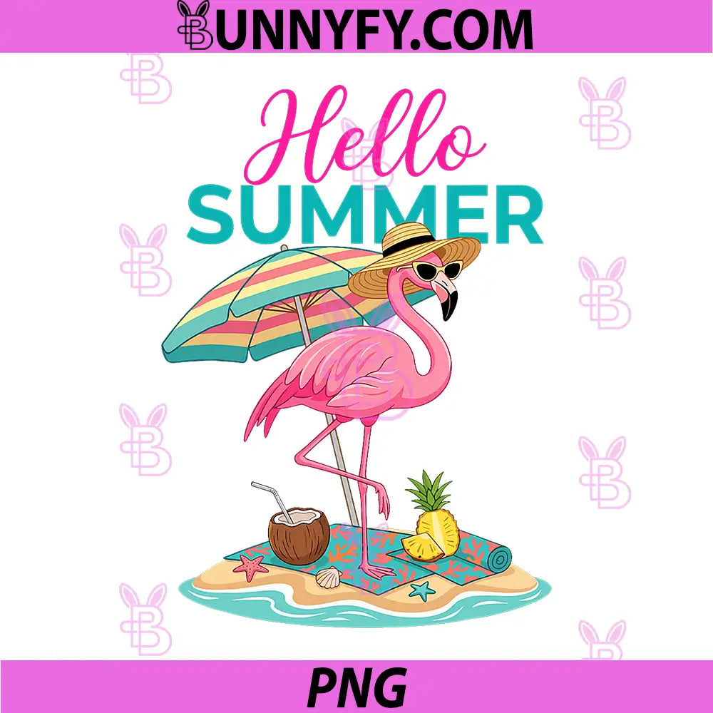 Pink Flamingo Summer Vacation PNG, Tropical Beach Hello Summer PNG
