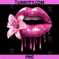 Pink Glossy Lips With Flower PNG, Dripping Lip Aesthetic Art PNG