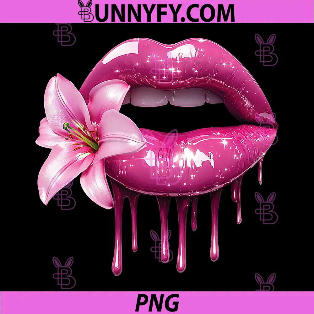 Pink Glossy Lips With Flower PNG, Dripping Lip Aesthetic Art PNG