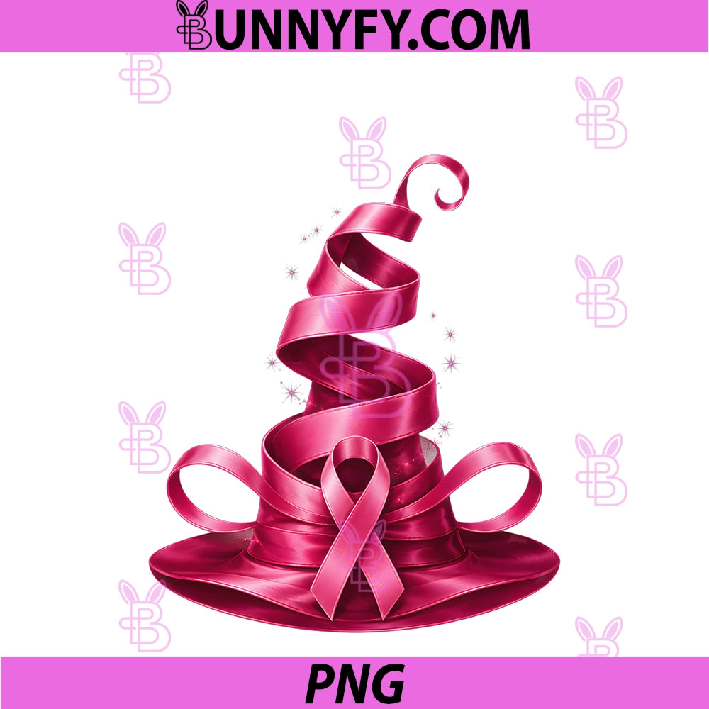Pink Ribbon Witch Hat Broom PNG, Breast Cancer Halloween Awarenes PNG