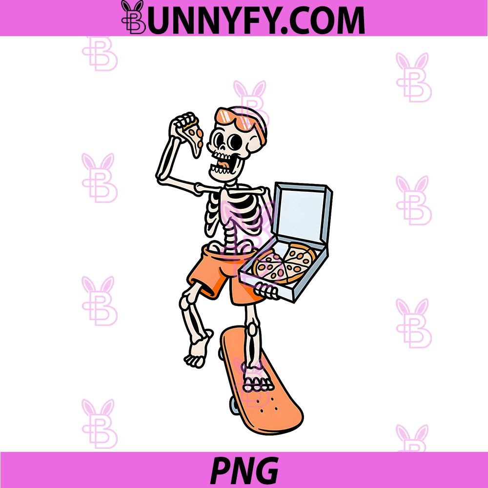 Pizza Skater Skateboarding Skeleton PNG, Funny Halloween Sports PNG