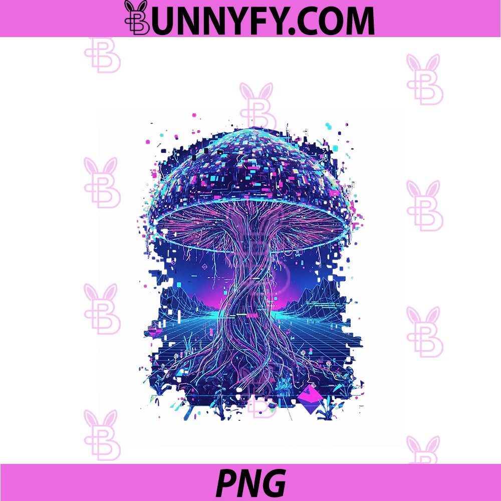 Psychedelic Glitch Mushroom PNG, Cyberpunk Neon Nature Network PNG