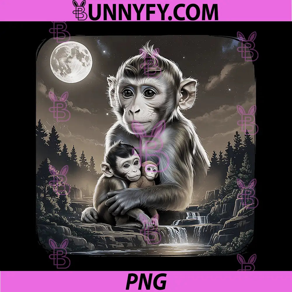 Monkey Family Moonlight PNG, Cute Monkey With Baby In Forest Night PNG