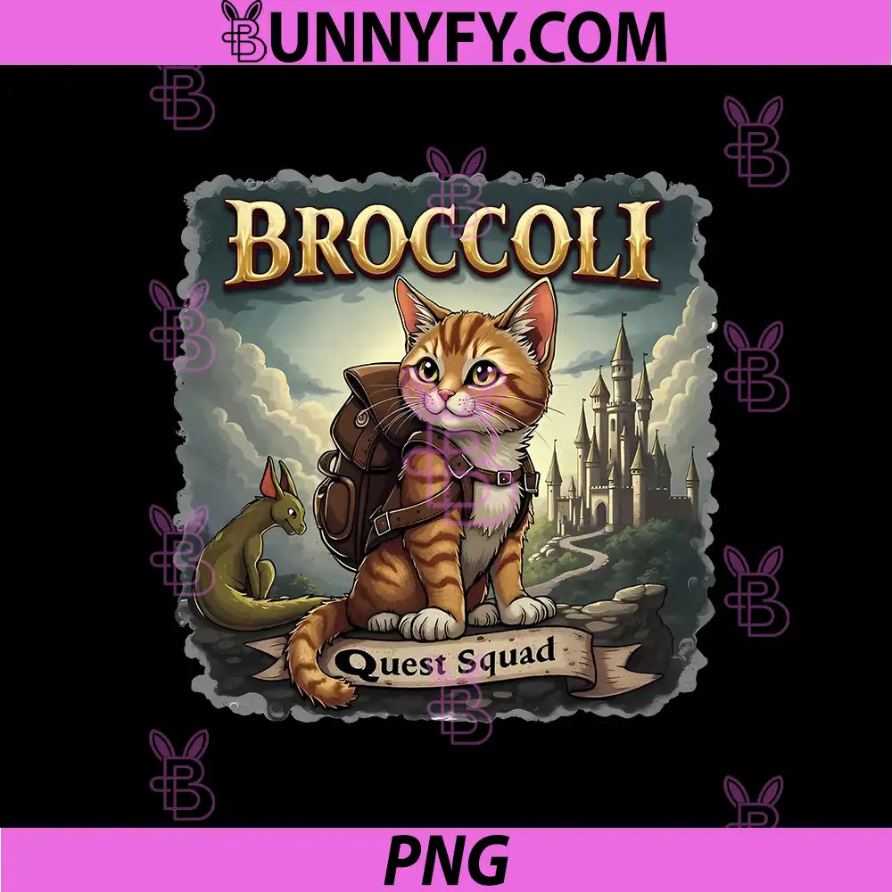 Broccoli Quest Squad Backpack Cat PNG, Cute Fantasy Cat PNG