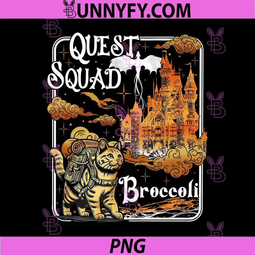 Quest Squad Broccoli Cat Adventurer PNG, Fantasy Castle Art PNG
