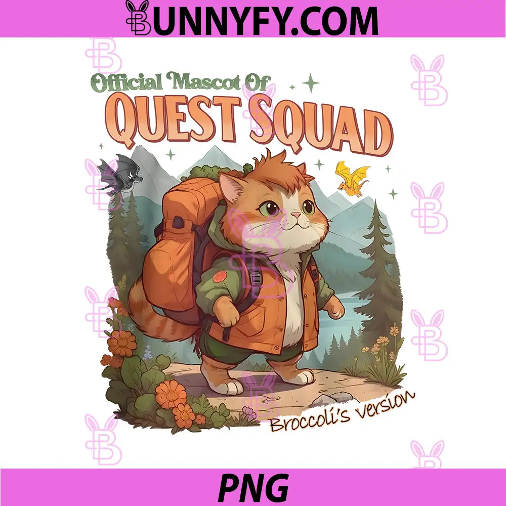Quest Squad Official Mascot Broccoli PNG, Fantasy Cat Hiker PNG