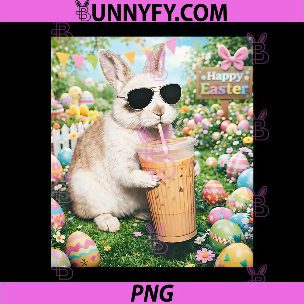 Rabbit Drinking Iced Coffee PNG, Funny Easter Bunny PNG