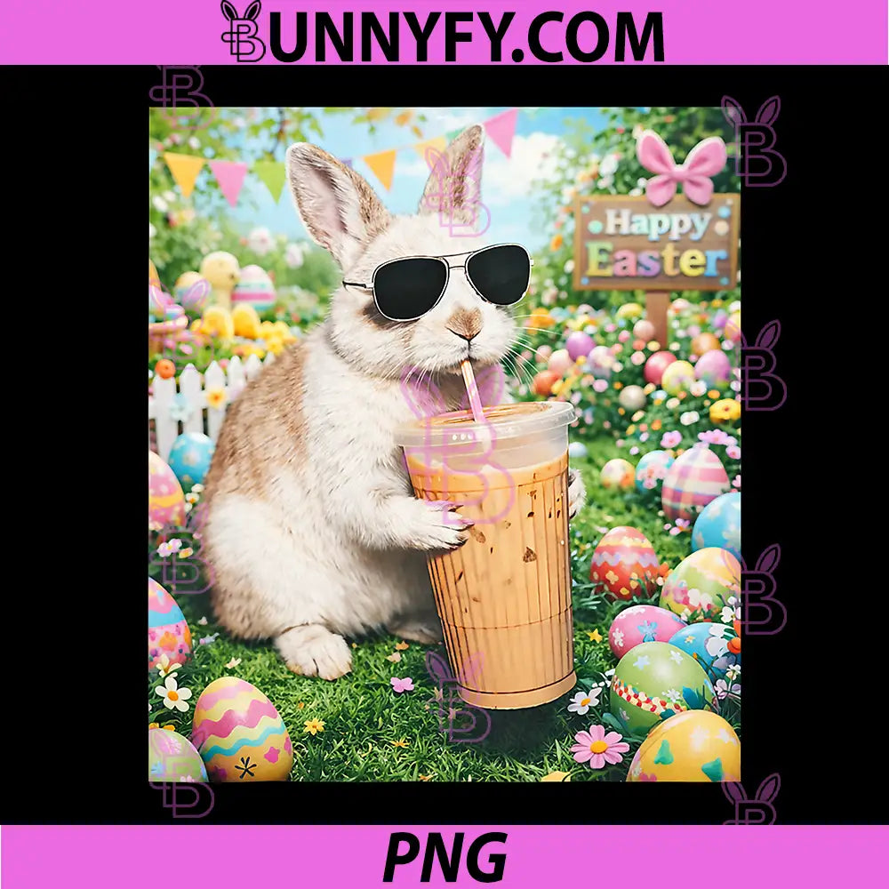 Cool Easter Bunny Drinking Iced Coffee PNG, Funny Happy Easter Rabbit PNG