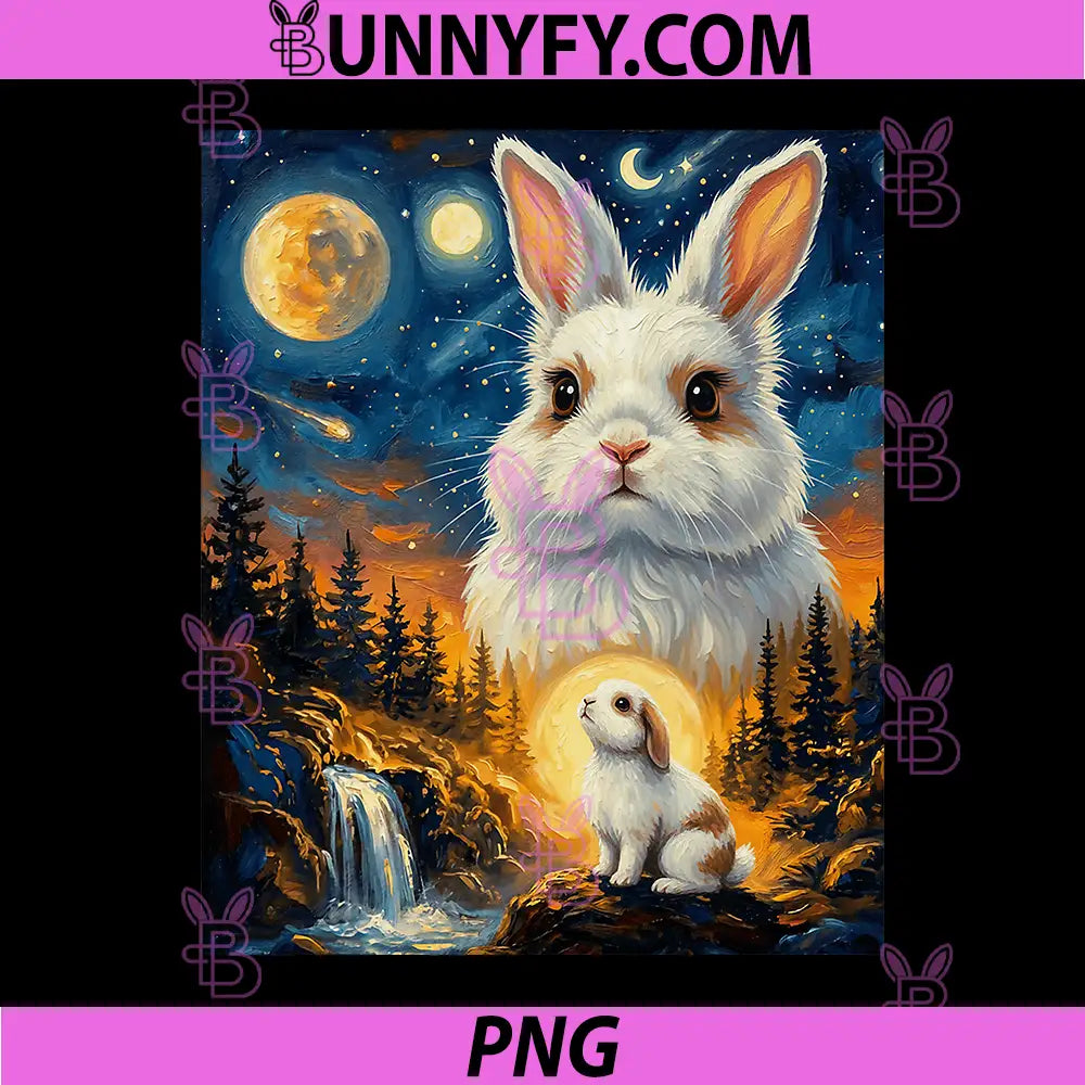 Dreamy Night Rabbit Moon Scene PNG, Fantasy Bunny Starry Sky PNG