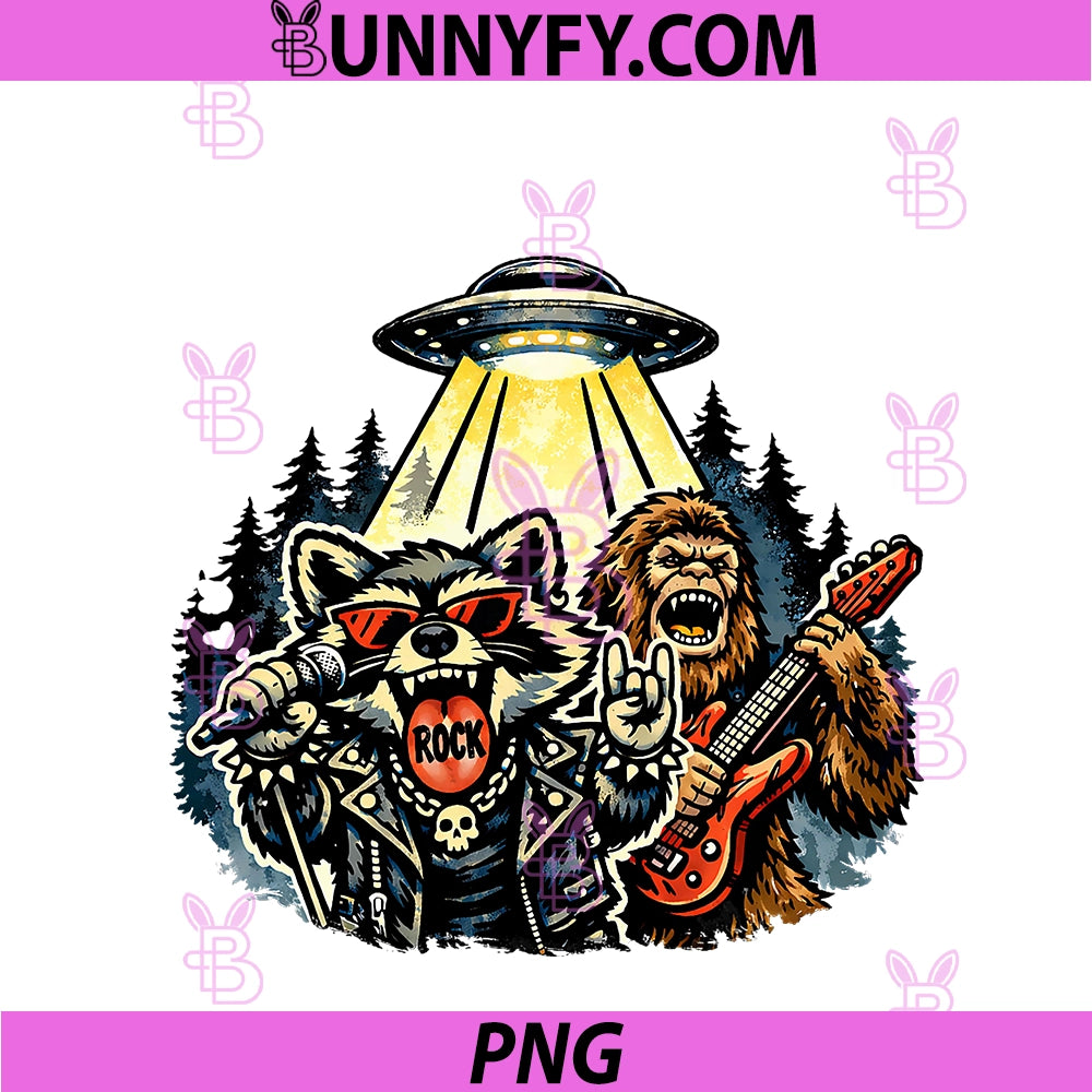 Raccoon And Bigfoot Rock On Band PNG, Funny Rockstar Graphic PNG