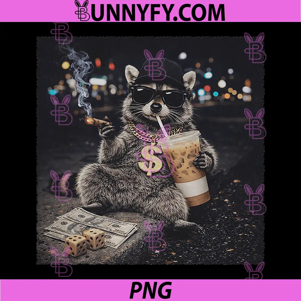 Raccoon Drinking Iced Coffee PNG, Funny Animal Meme PNG