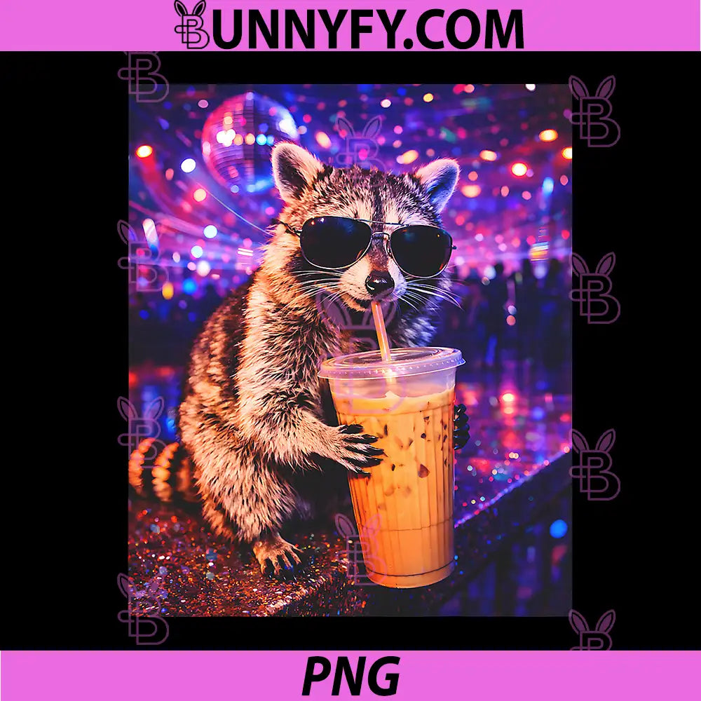 Raccoon Drinking Iced Coffee PNG, Funny Animal Meme PNG
