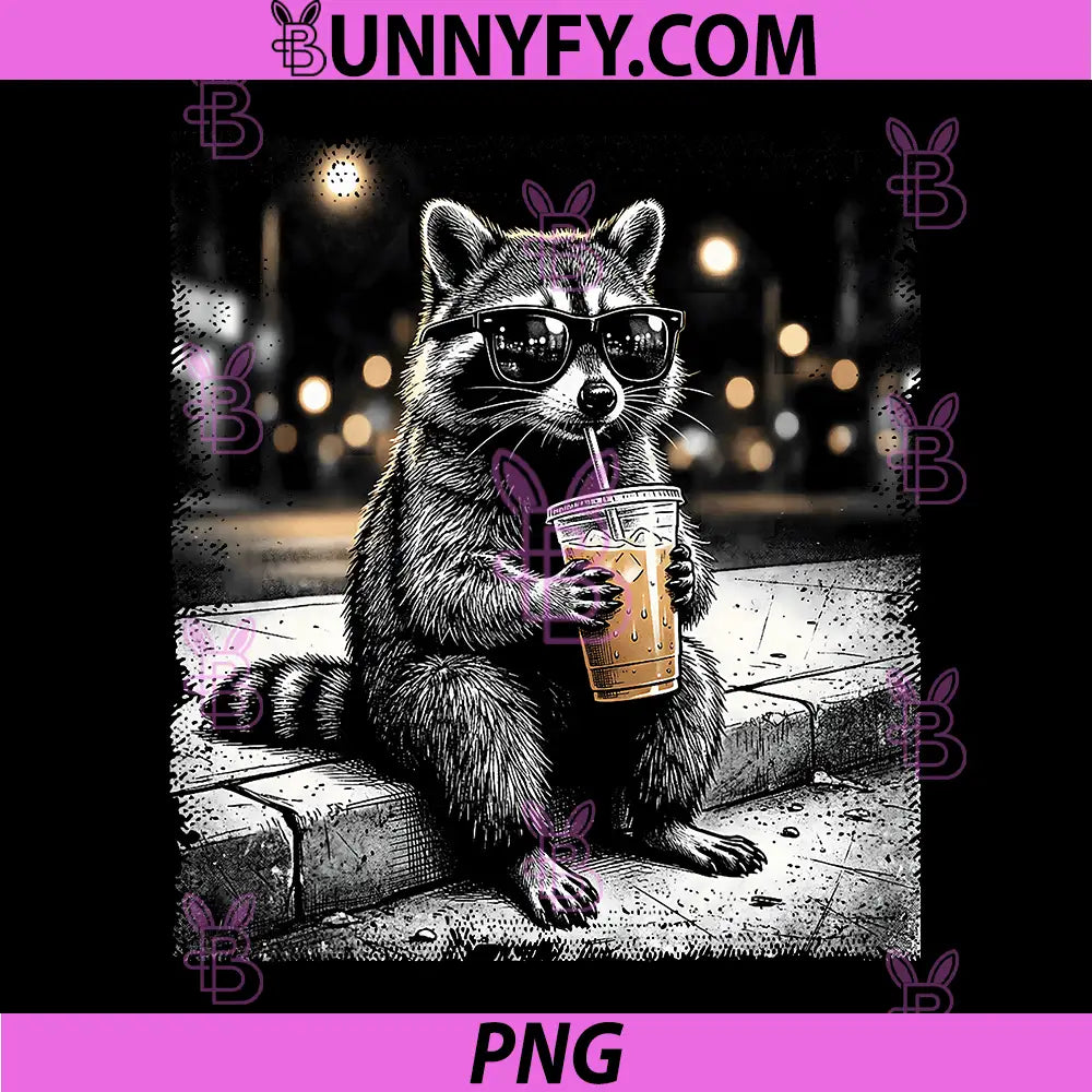 Raccoon Iced Coffee Meme PNG, Funny Animal With Sunglasses Drinking Coffee PNG