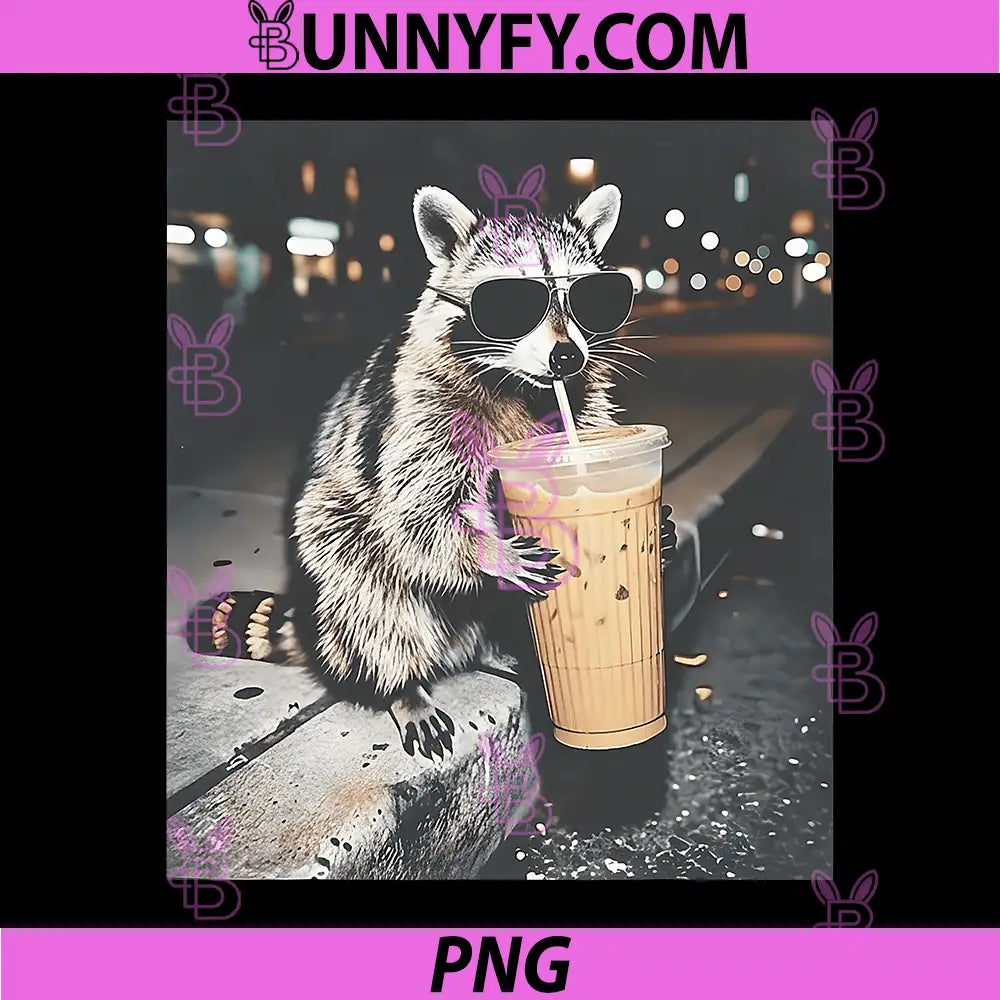 Raccoon Drinking Iced Coffee PNG, Funny Animal Meme PNG