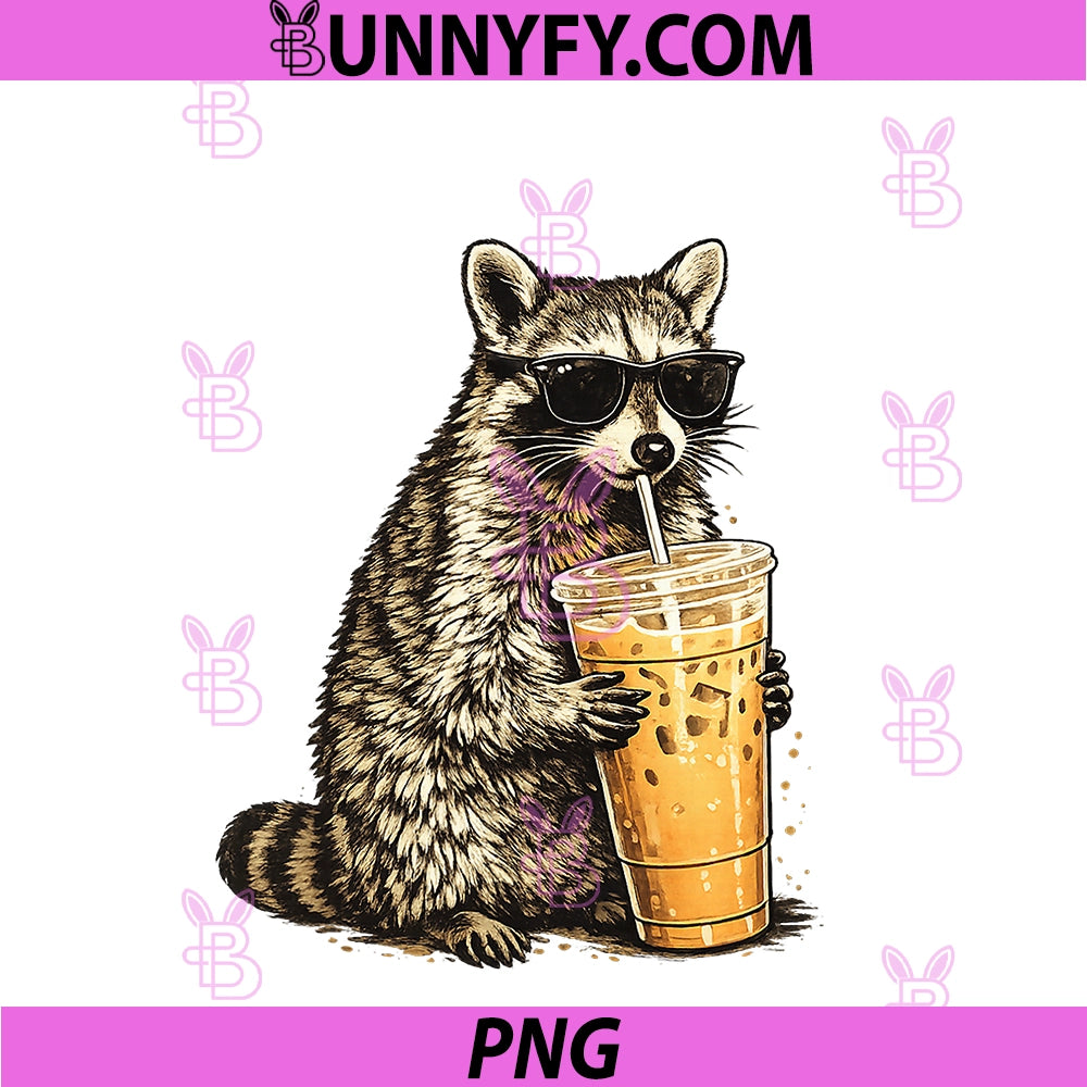 Raccoon Drinking Iced Coffee PNG, Funny Animal Meme PNG