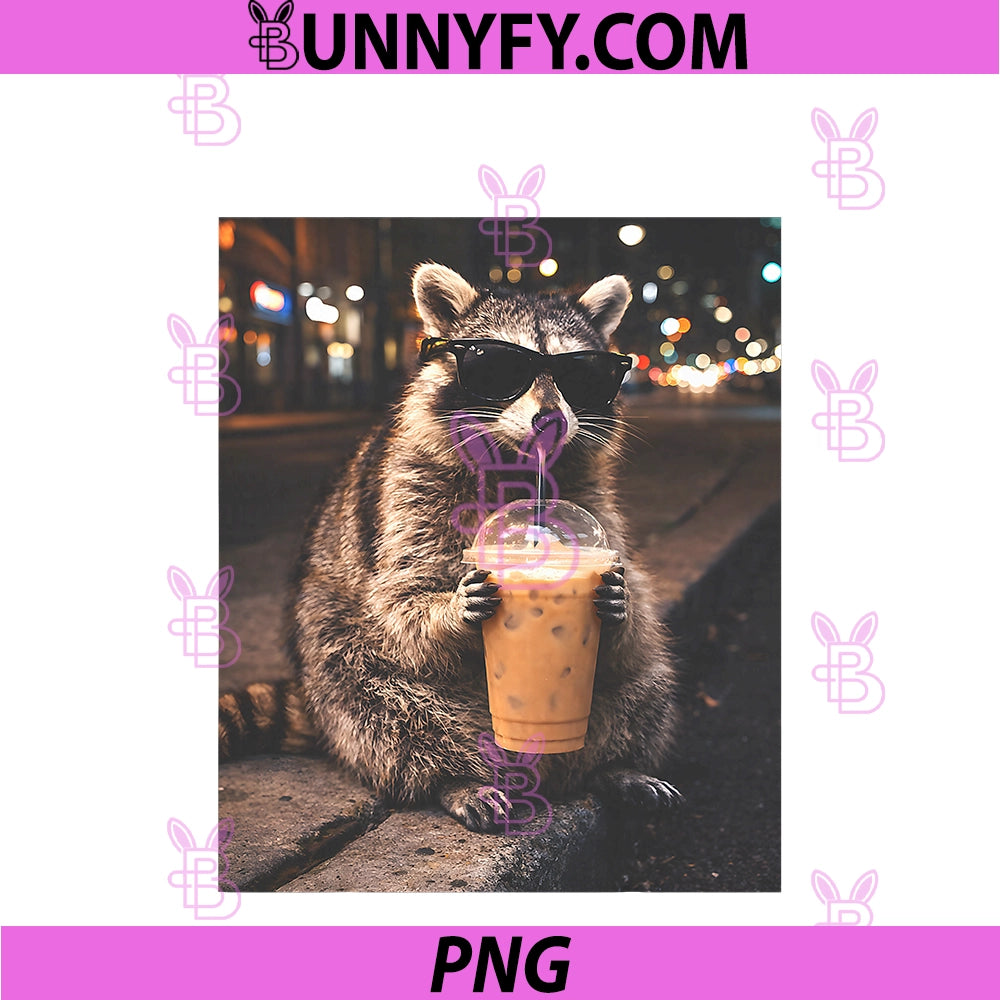 Raccoon Drinking Iced Coffee PNG, Funny Animal Meme PNG