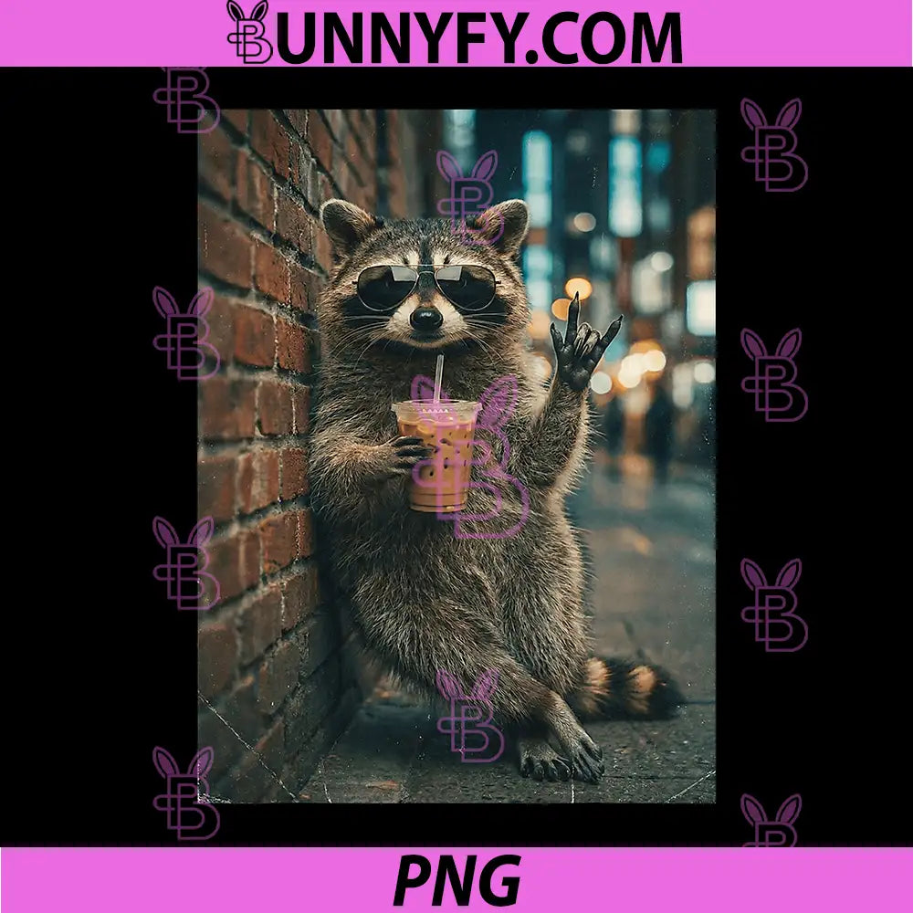 Raccoon Drinking Iced Coffee PNG, Rock On Meme Funny PNG