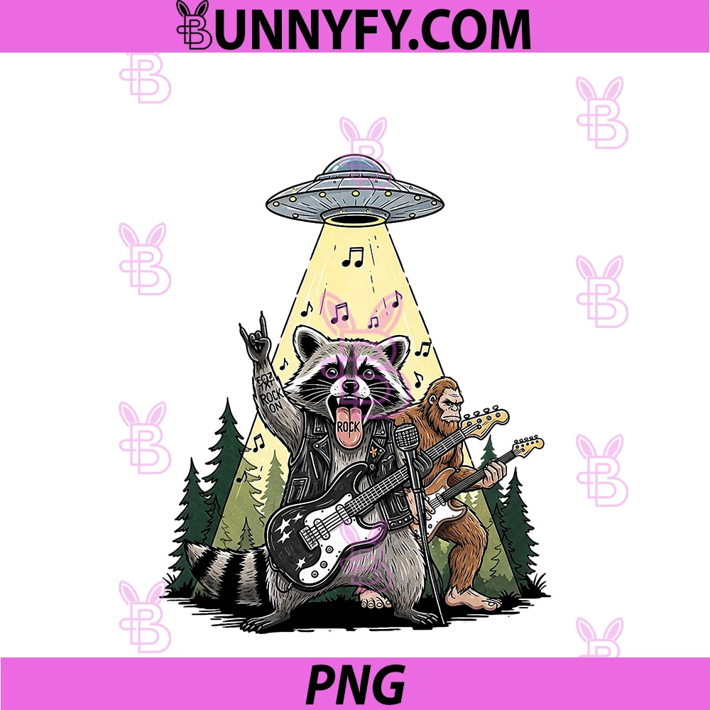 Raccoon Guitar And Bigfoot PNG, Under Alien UFO Beam Rock On PNG