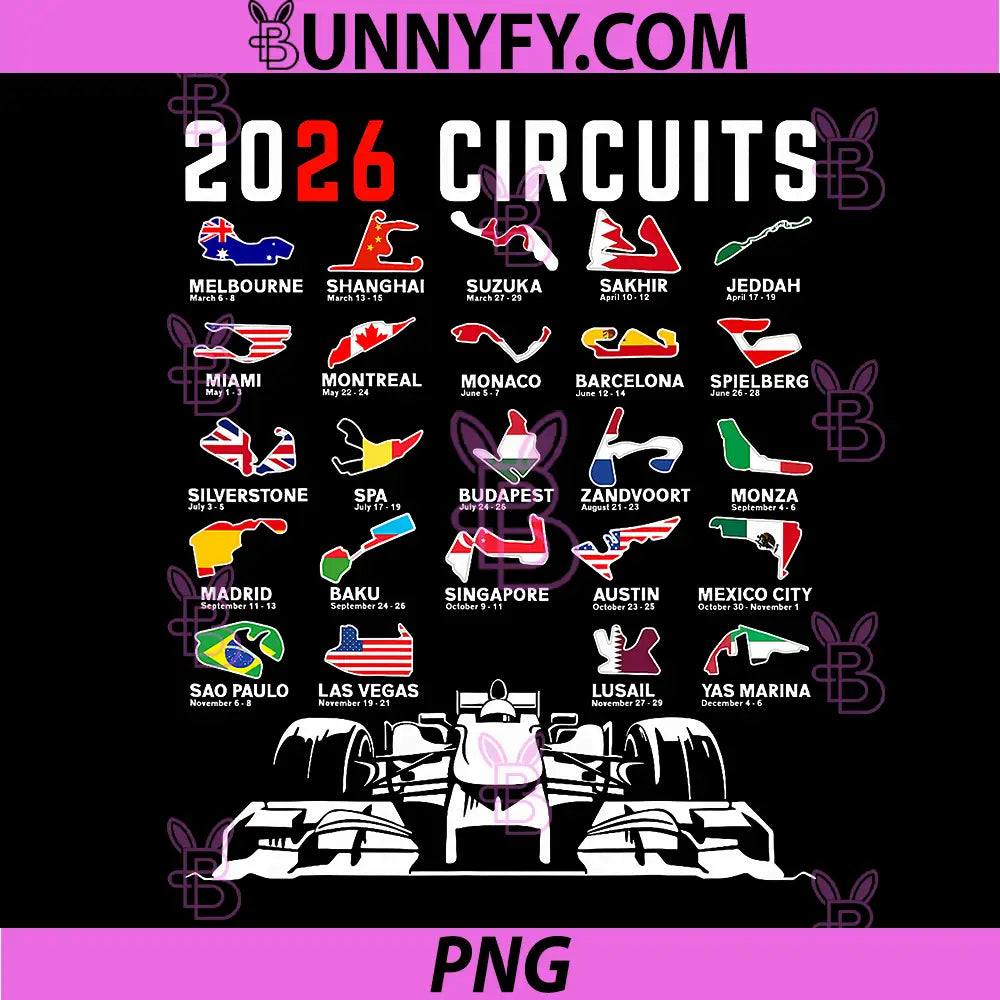 2026 Racing Circuits World Map PNG, Formula Car Track Poster PNG