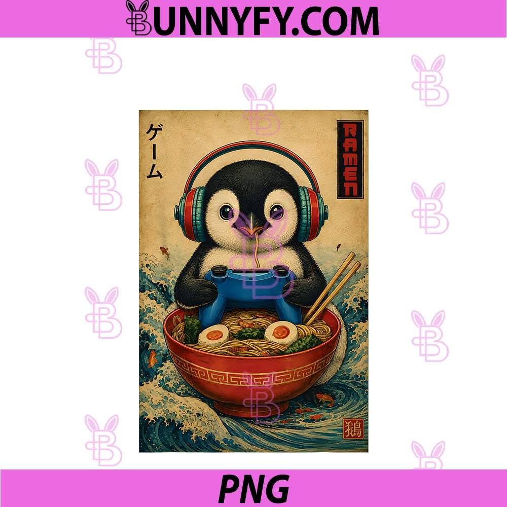 Ramen Gamer Penguin PNG, Funny Gaming Animal PNG