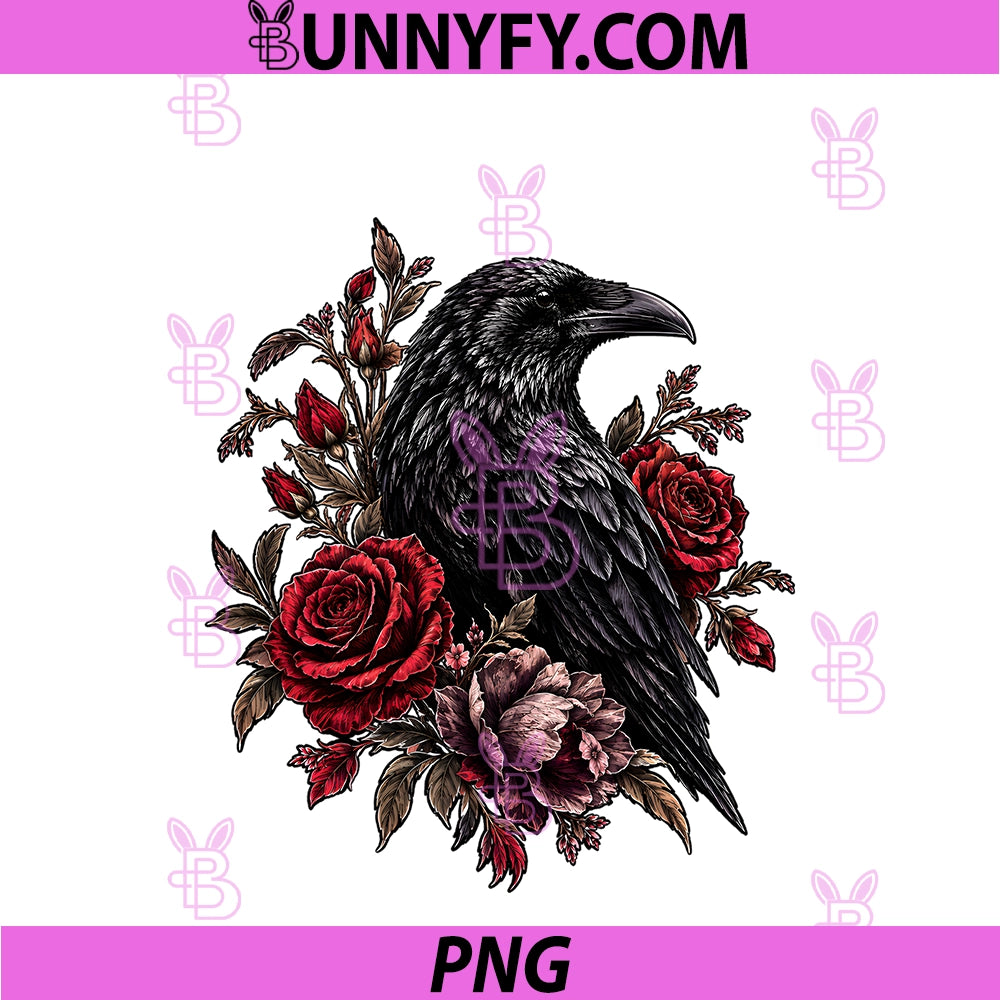 Raven Floral Gothic Botanical Roses PNG, Halloween Dark Bird Men PNG