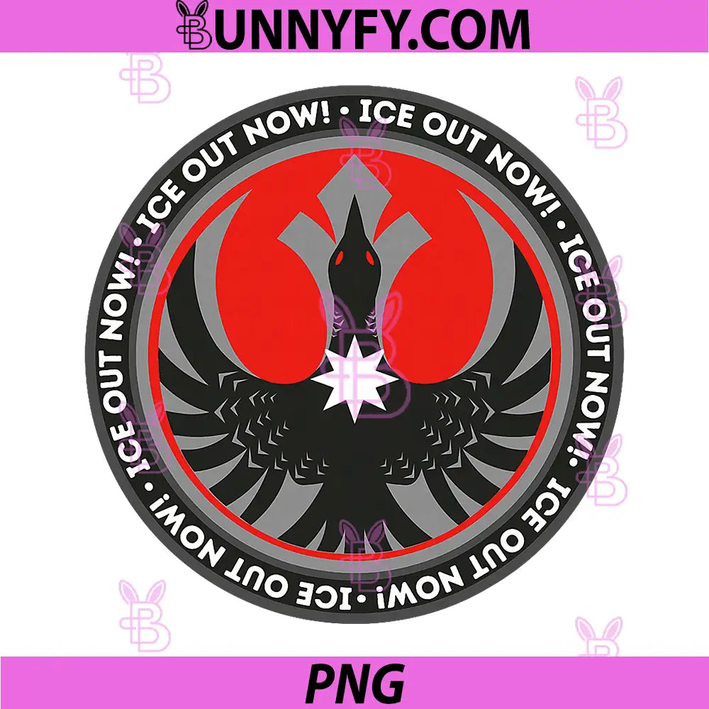 ICE Out Now Rebel Loon Emblem PNG, Red Circle Protest Bird Logo PNG