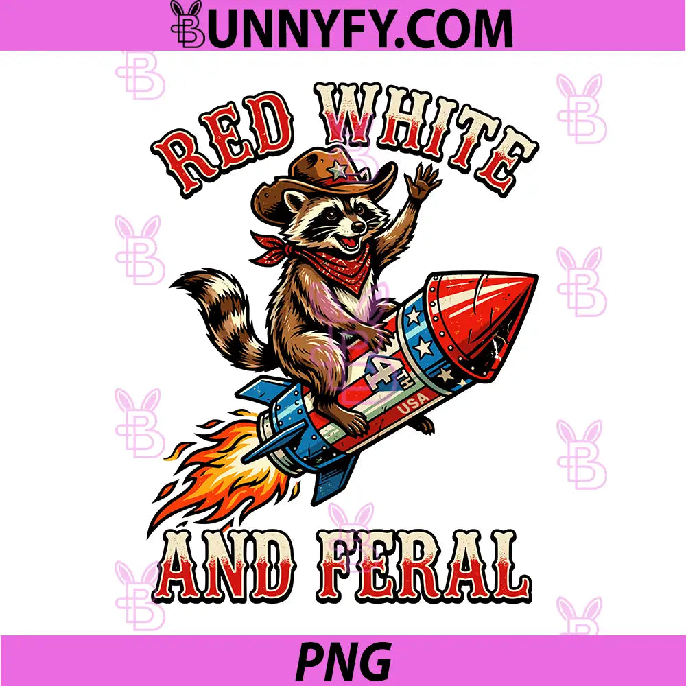 Red White Feral Raccoon Riding 4th July Rocket PNG