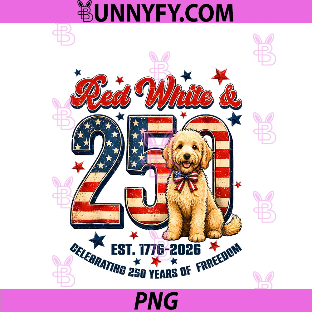 Red White & 250 American Years PNG, Goldendoodle Dog 4th Of July PNG