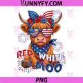 Red White and Moo Highland Cow PNG, 4th July 250 Years Patriotic PNG