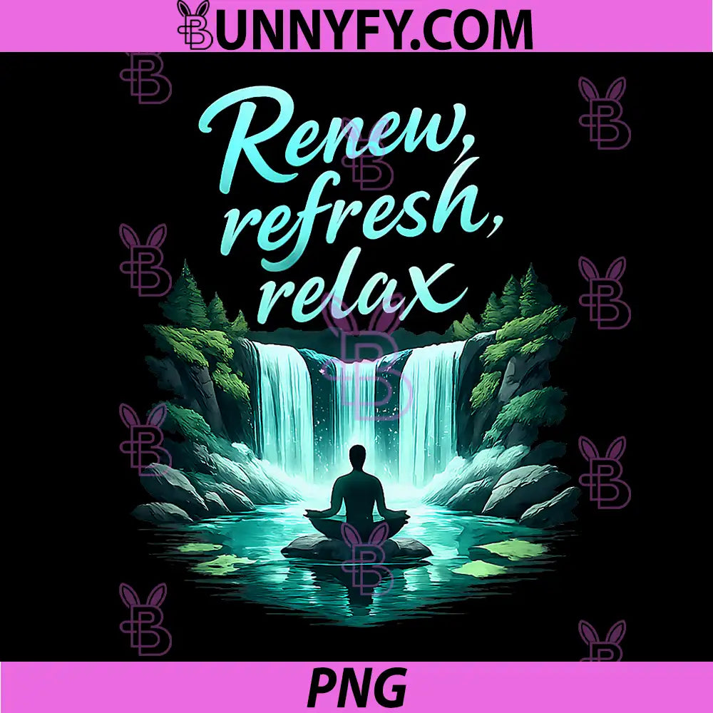 Renew Refresh Relax PNG, Waterfall Meditation Chill Vibes PNG