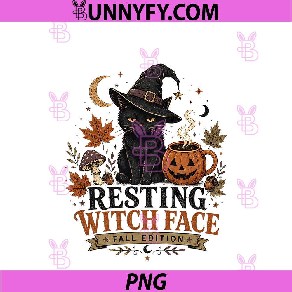 Resting Witch Face PNG, Fall Black Cat Pumpkin Autumn Halloween PNG