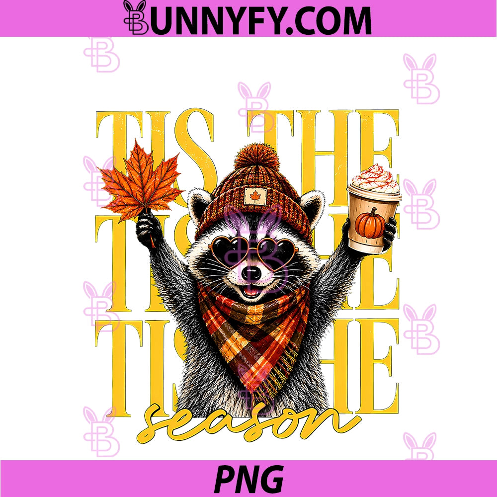 Retro Autumn Raccoon PNG, Funny Tis The Season Fall Pumpkin Cute PNG