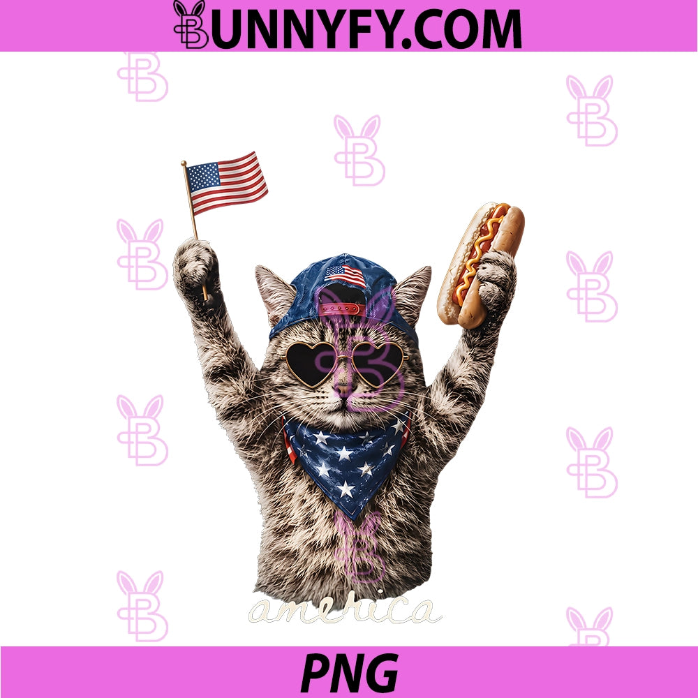 Retro Funny America Cat Hot Dog Lovers PNG, Patriotic US Flag PNG