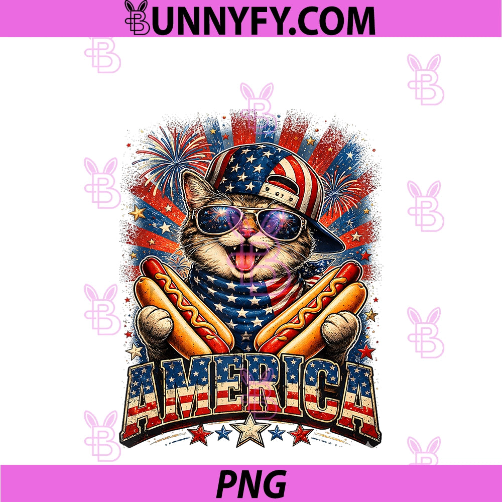 Retro Funny America Cat Hot Dog Lovers PNG, Patriotic US Flag PNG