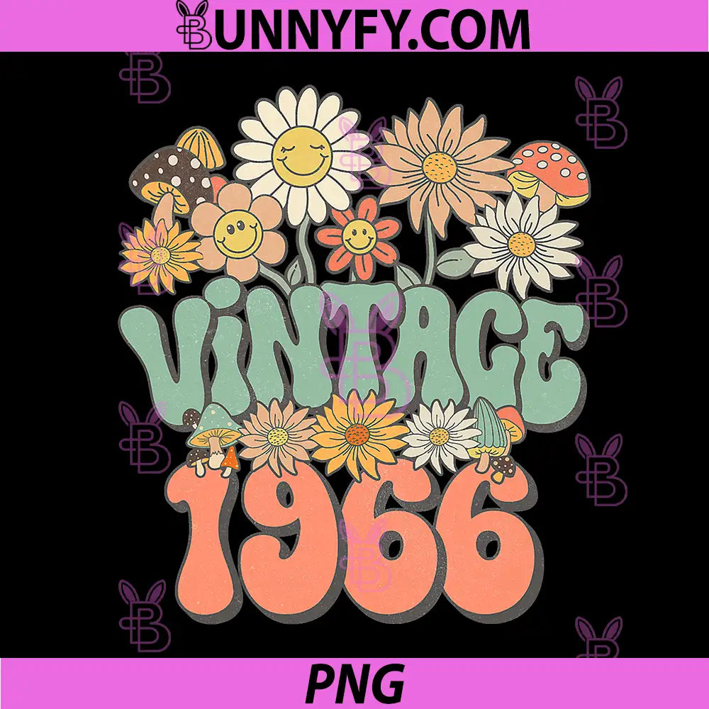 Vintage 1966 Groovy Flower Art PNG, Retro Hippie Daisy Birthday PNG