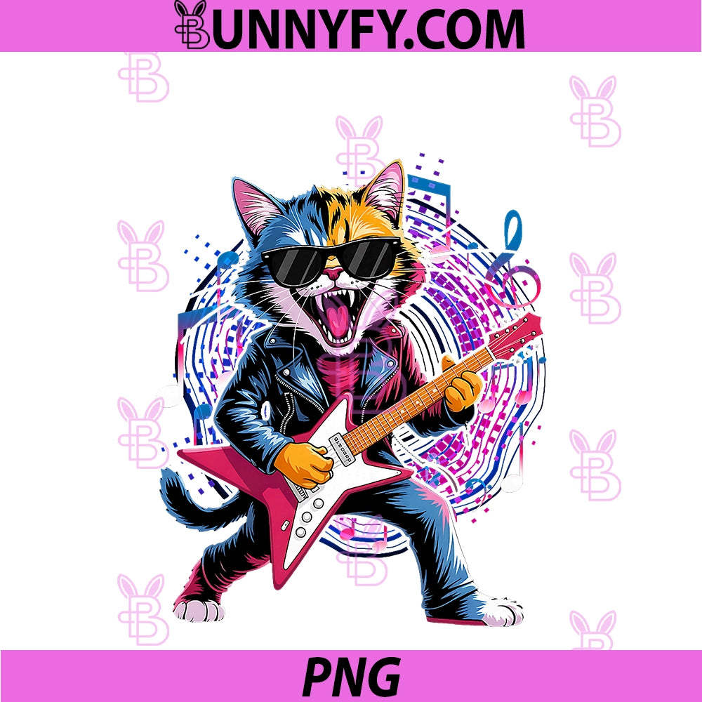Retro Music Lover Heavy Electric Guitar PNG, Funny Rock Cat PNG