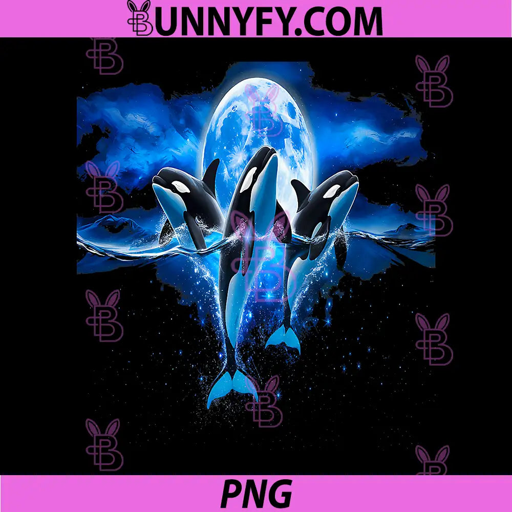 Three Orcas Moonlit Sea PNG, Marine Wildlife Aesthetic Orca PNG