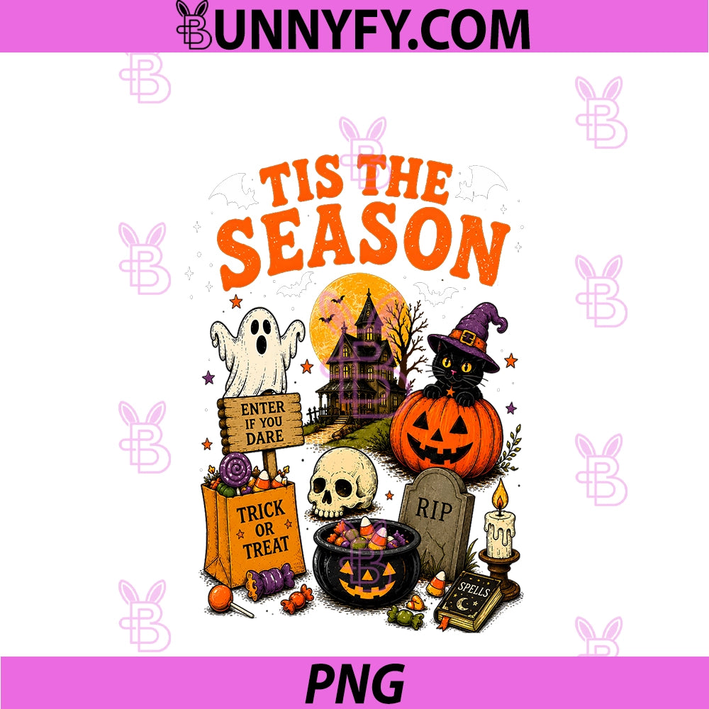 Retro Tis The Season PNG, Ghost Pumpkin Skeleton Halloween PNG