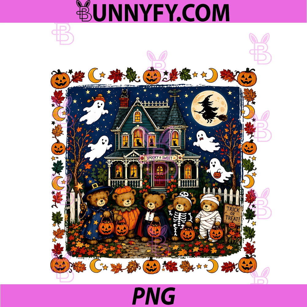 Retro Vintage 90s Ghosts Trick-or-Treat Bears PNG, Haunted House PNG