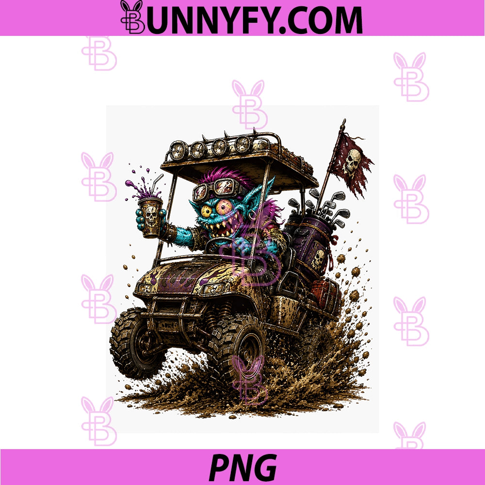 Ride At Dawn Golf Cart Monster Cartoon PNG, Funny Golf Gifts PNG