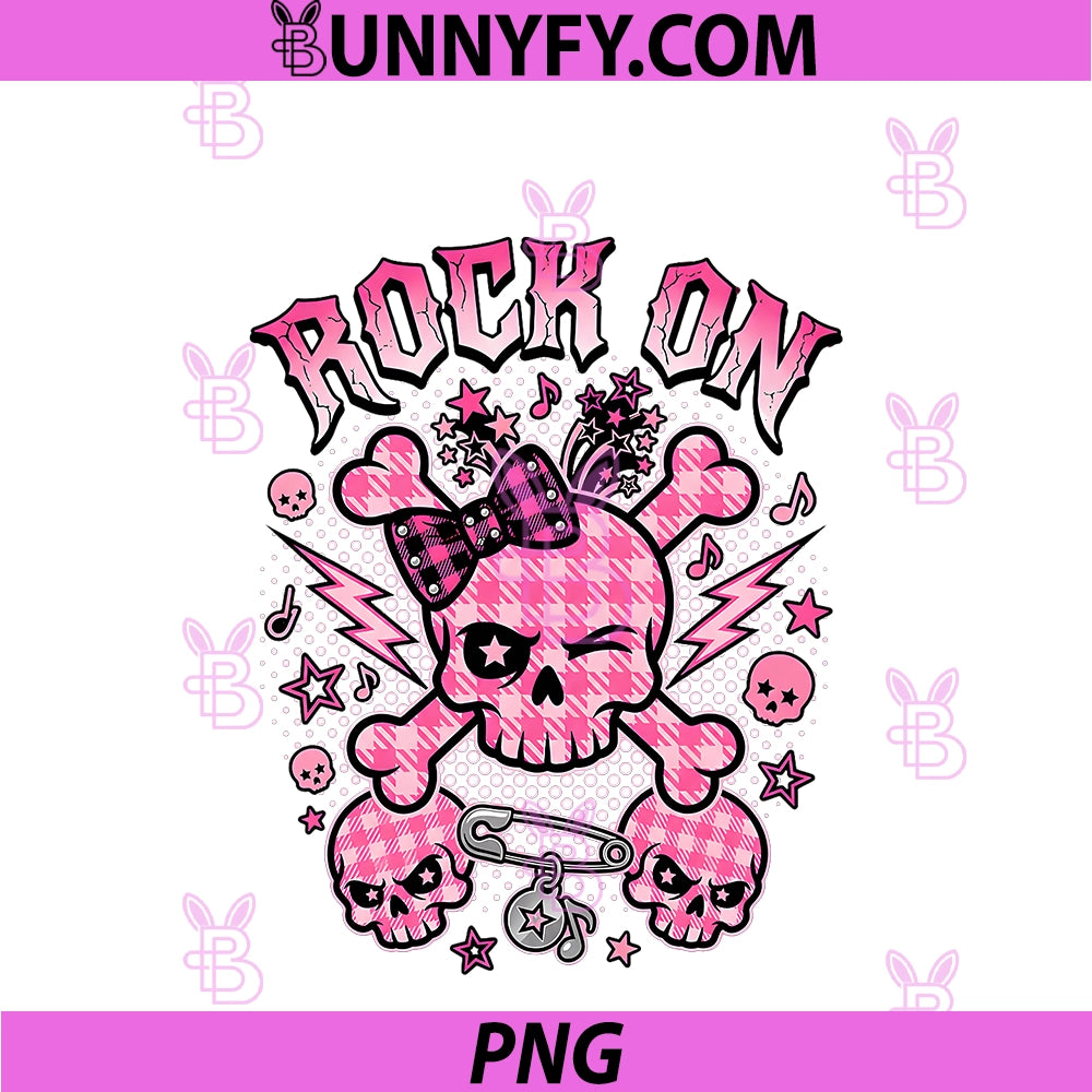 Rock On PNG, Pink Skull Bow Crossbones Emo Y2K Aesthetic PNG