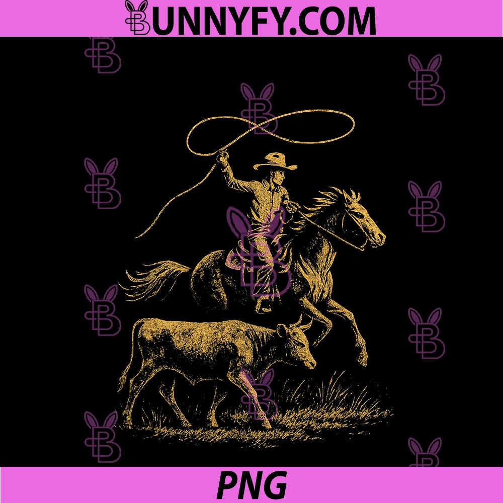 Rodeo Cowboy PNG, Retro Cowgirl Steer Roping Art PNG