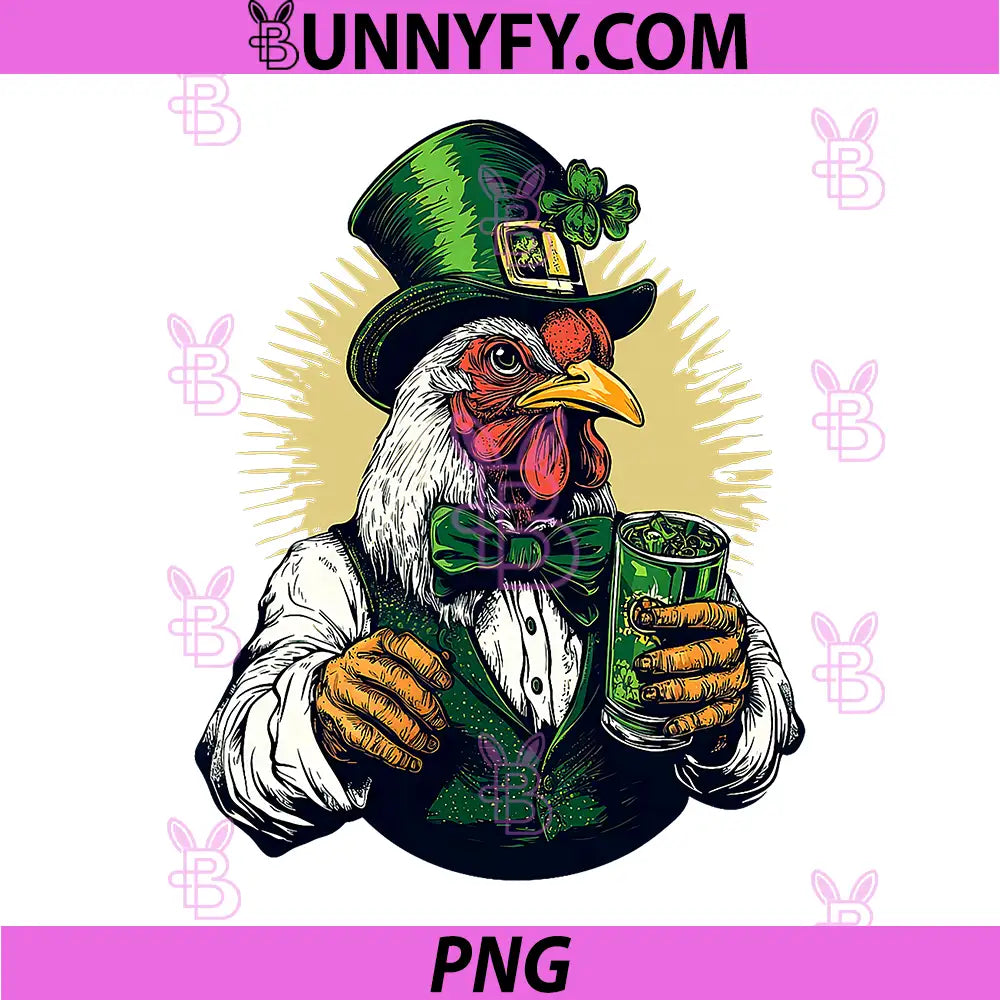 Rooster St Patrick's Day PNG, Chicken Wearing Leprechaun Drinking PNG 