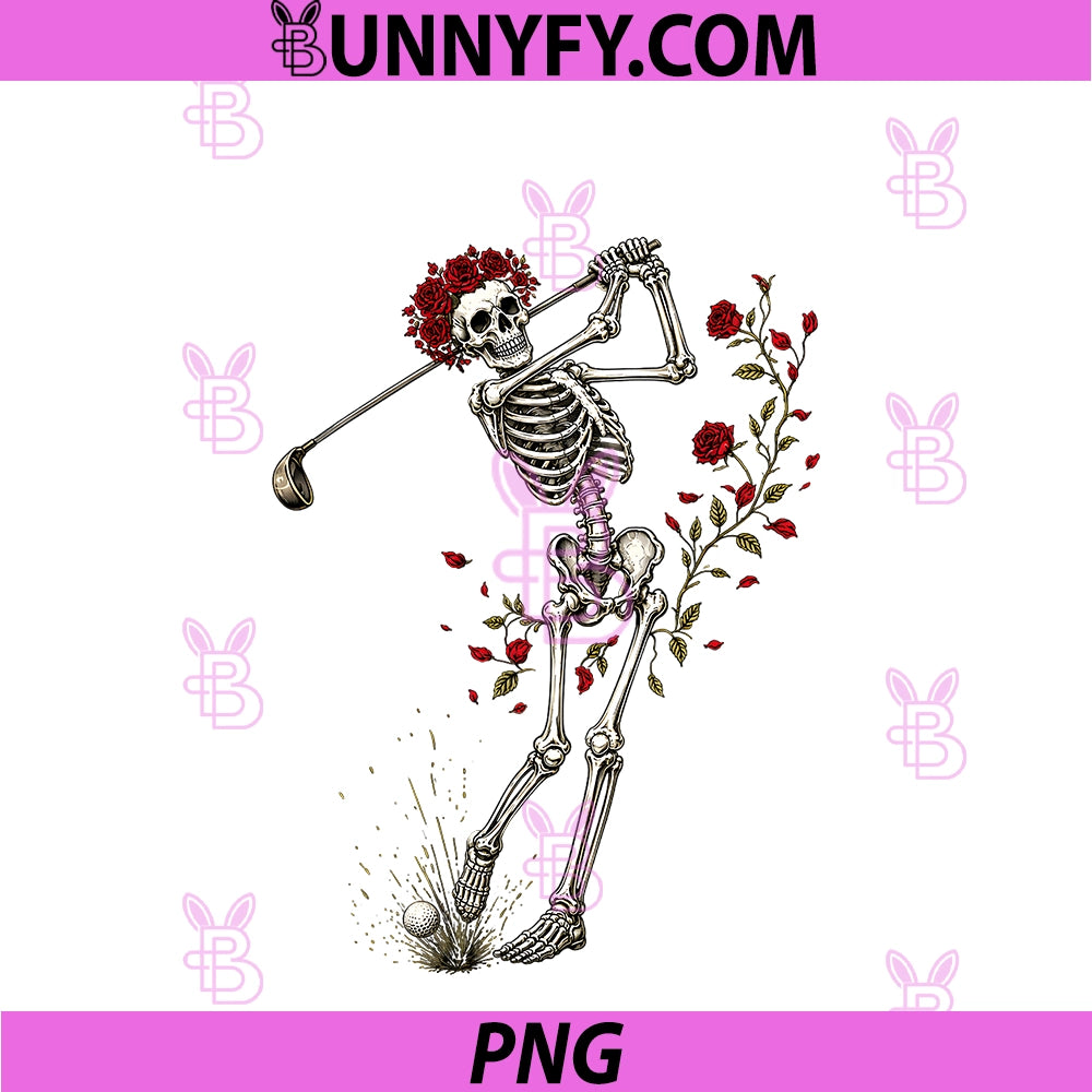Rose Skeleton Swing Gothic PNG, Golfer Skull Floral Art PNG