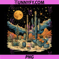 Saguaro Cactus Desert Night Art PNG, Moon Stars Nature Illustration PNG