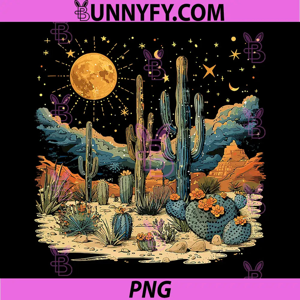 Saguaro Cactus Desert Night Art PNG, Moon Stars Nature Illustration PNG