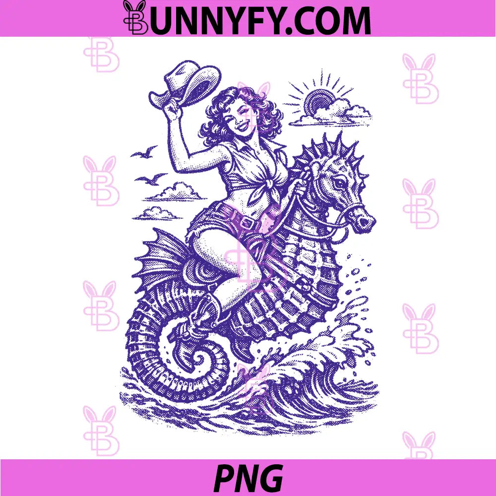 Salty Girls Ride Seahorses PNG, Vintage Pinup Cowgirl Rodeo PNG