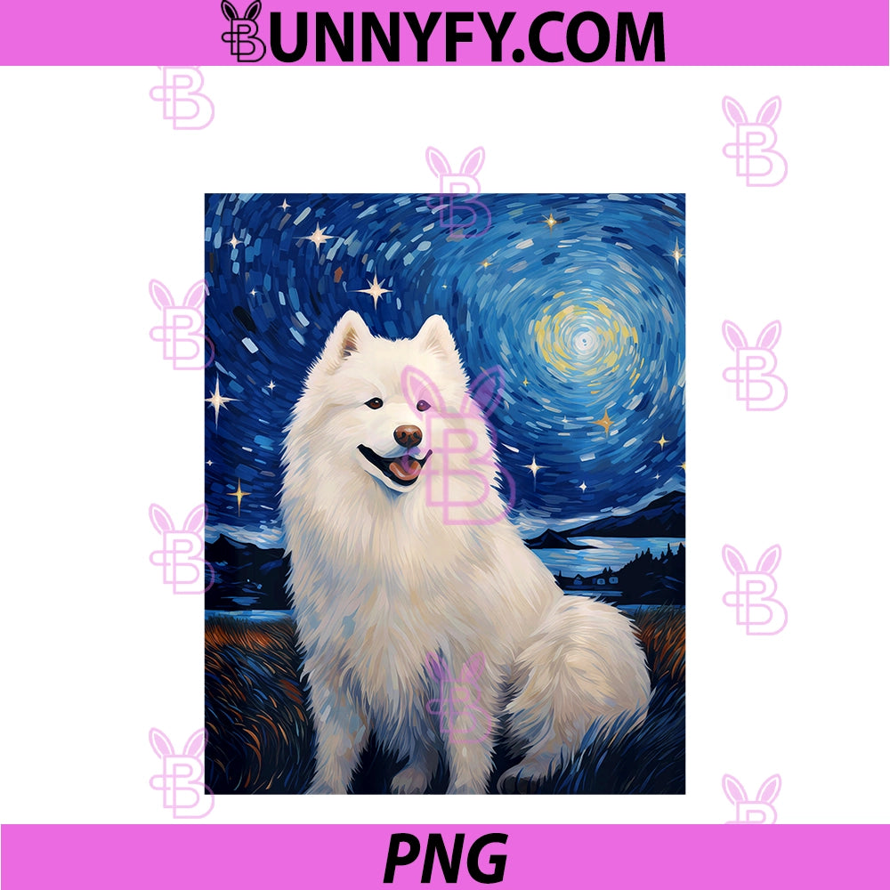 Samoyed Dog Starry Night Van Gogh PNG, Samoyed Dog Lover Art Performance PNG