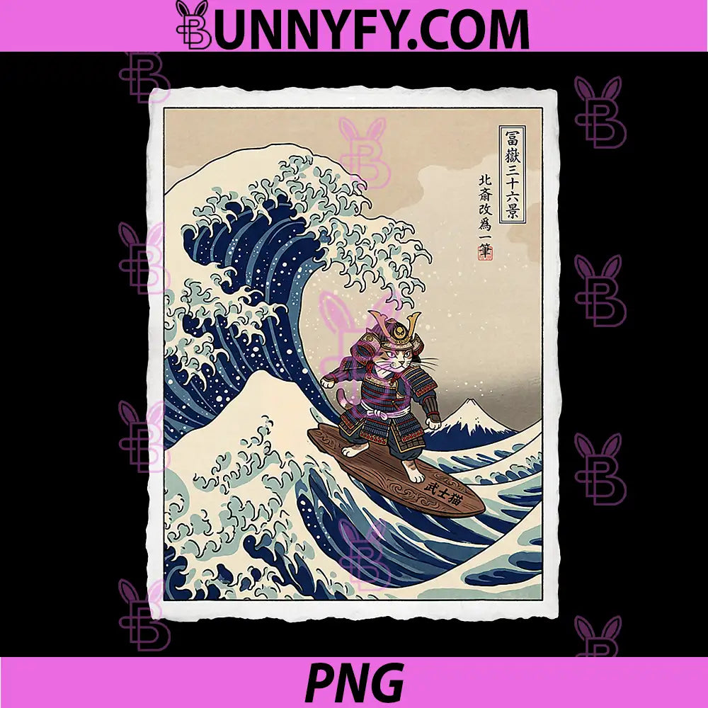 Samurai Cat Surfing The Great Wave PNG, Off Kanagawa Ukiyo-e Art PNG